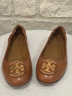 Tory Burch Tan Leather Logo Ballet Flats